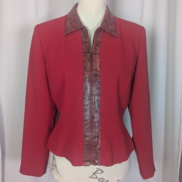 90s Vintage Donna Morgan Zip Blazer Red with Animal Print Size 10 P - Picture 10 of 13